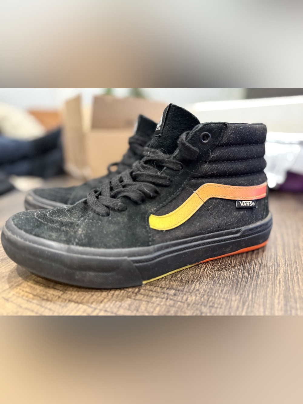 Vans Black High-Top Sneakers with Yellow and Orange Stripe
